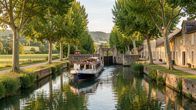 Bateau de plaisance naviguant paisiblement sur un canal français bordé d’arbres, de verdure et d’une ancienne écluse en pierre.