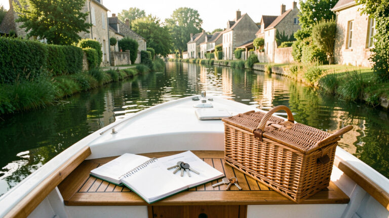 Petit bateau de location naviguant sur un canal paisible en France, avec un carnet de budget et un panier de pique-nique sur le pont.