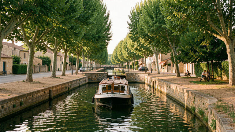 Vue paisible du Canal du Midi avec une petite péniche approchant une écluse en pierre, bordée de platanes et de paysages du sud de la France.