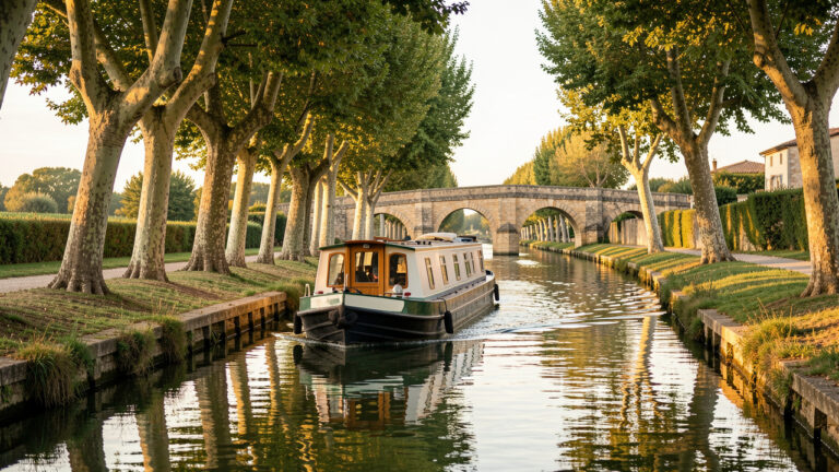 Un bateau de plaisance navigue paisiblement sur le canal du Midi, bordé d’arbres et de ponts en pierre baignés par la lumière du soleil.