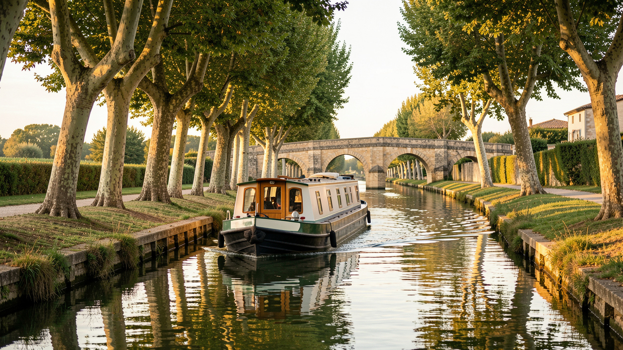 Un bateau de plaisance navigue paisiblement sur le canal du Midi, bordé d’arbres et de ponts en pierre baignés par la lumière du soleil.