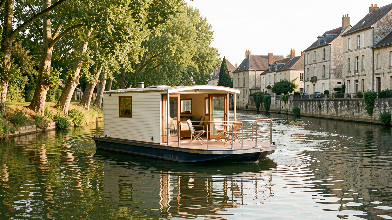 Bateau de location confortable naviguant sur une rivière française bordée d’arbres et de villages en pierre.