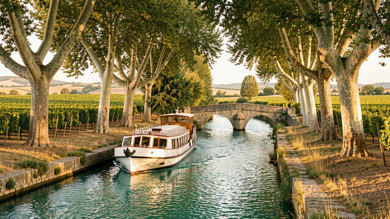 Bateau de croisière naviguant paisiblement sur le canal du Midi, sous les platanes, dans un paysage ensoleillé du sud de la France.