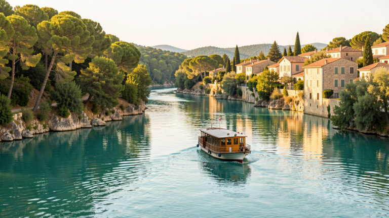 Petit bateau naviguant sur des eaux turquoise entre une nature méditerranéenne luxuriante et de charmants villages du Var.