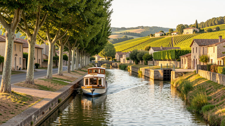 Le Canal du Midi traverse l’Aude entre villages en pierre, écluses paisibles, platanes et vignobles baignés par la lumière dorée.