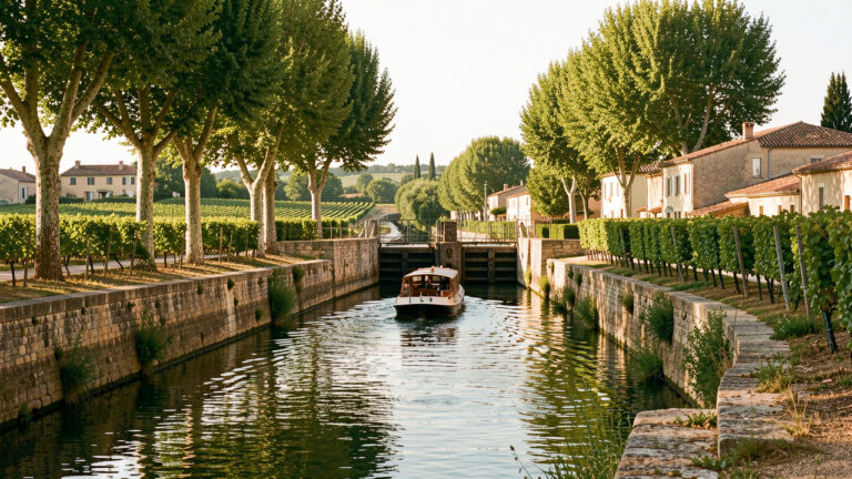 Bateau naviguant lentement sur le Canal du Midi près d’une écluse en pierre, avec des platanes, des vignes et un village du Sud baigné par la lumière de fin d’après-midi.