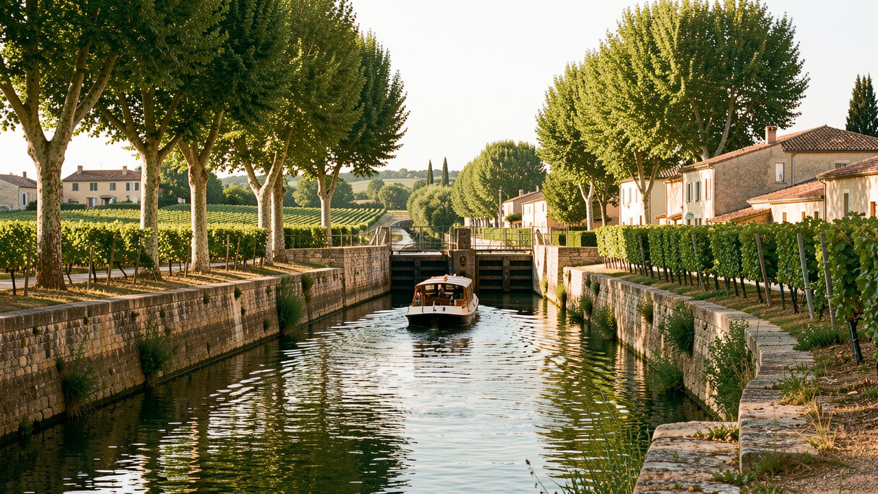 Bateau naviguant lentement sur le Canal du Midi près d’une écluse en pierre, avec des platanes, des vignes et un village du Sud baigné par la lumière de fin d’après-midi.