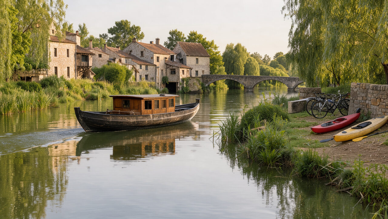 Paysage paisible de la Charente avec une embarcation traditionnelle naviguant devant un village historique, des ponts en pierre, d’anciens moulins et une halte au bord de l’eau.