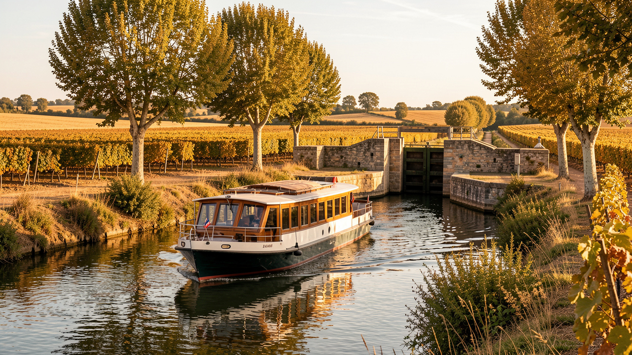 Bateau de croisière naviguant sur le Canal du Midi près d’une écluse en pierre, entre vignobles dorés et paysages ocre baignés par la lumière de fin d’après-midi.