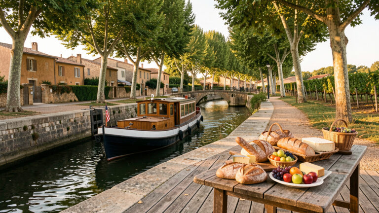 Bateau de croisière naviguant dans une écluse en pierre du Canal du Midi, entre villages aux tons ocres, vignobles et table garnie de produits régionaux.