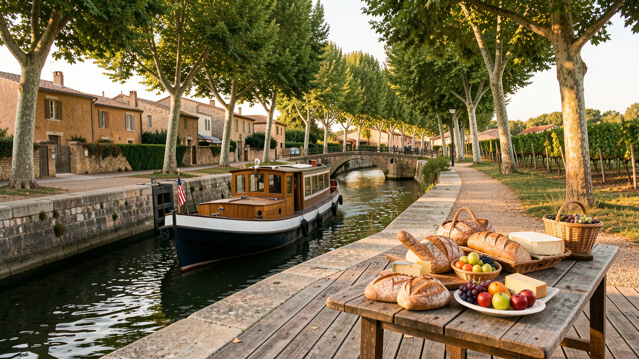 Bateau de croisière naviguant dans une écluse en pierre du Canal du Midi, entre villages aux tons ocres, vignobles et table garnie de produits régionaux.