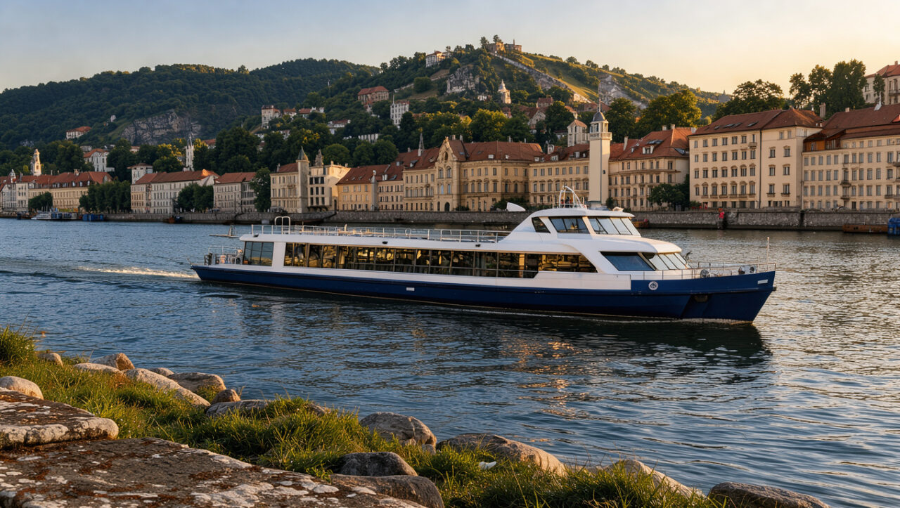 Bateau de croisière naviguant sur le Danube au coucher du soleil, avec des paysages européens et des bâtiments historiques en arrière-plan.