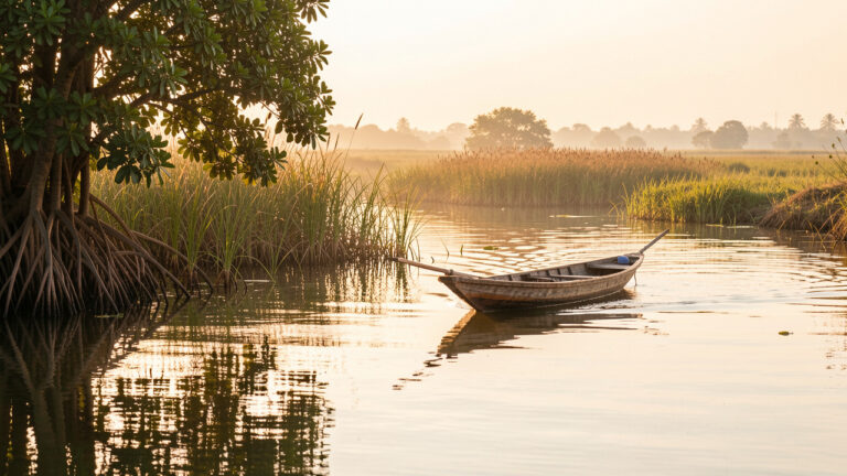 Petite embarcation traditionnelle naviguant paisiblement sur un fleuve sénégalais bordé de mangroves luxuriantes au lever du soleil.