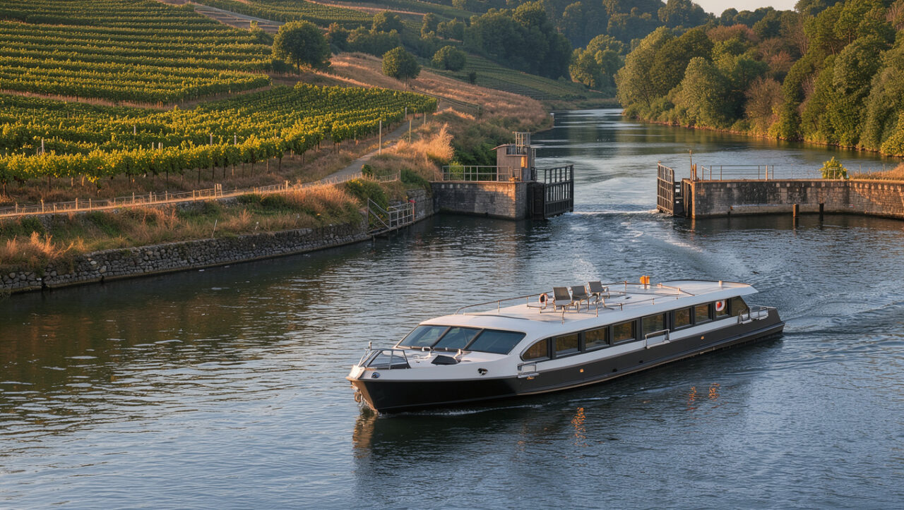 Bateau de croisière fluviale naviguant sur la Moselle entre des vignobles en terrasses et une écluse historique.