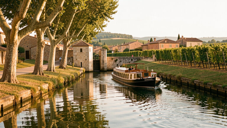 Bateau fluvial naviguant sur le Canal du Midi près d’une écluse en pierre, sous les platanes et dans un paysage de vignobles baigné par la lumière dorée.