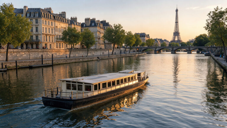 Petit bateau élégant naviguant sur la Seine au coucher du soleil, avec les quais parisiens, des ponts en pierre et la tour Eiffel à l’arrière-plan.