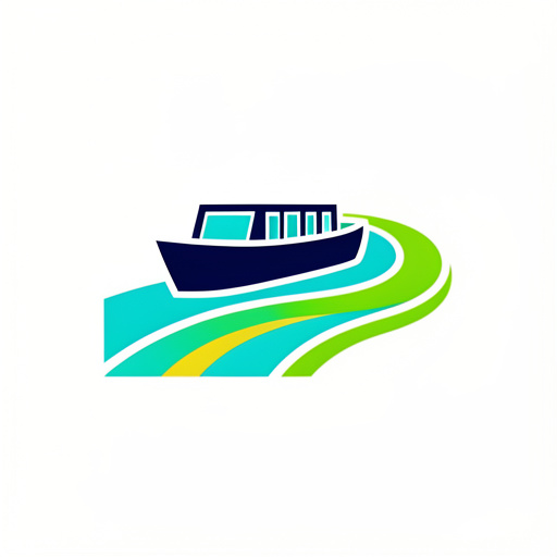 Emblème minimaliste représentant un petit bateau naviguant sur une rivière stylisée, avec des vagues et une rive aux couleurs bleu, turquoise et vert sur fond blanc cassé.