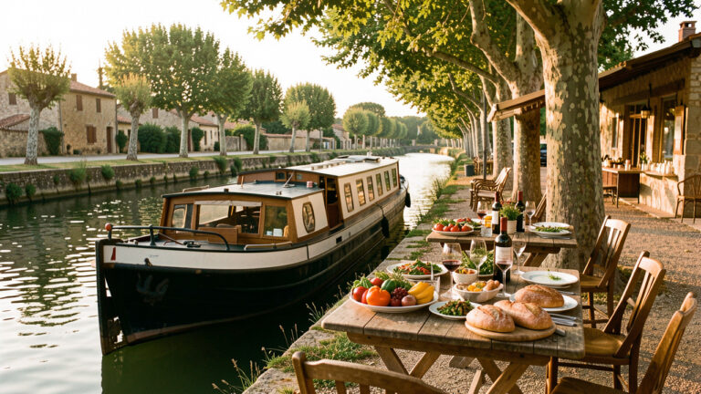 Bateau naviguant sur le Canal du Midi vers une halte gourmande ombragée, avec des tables dressées de spécialités régionales au bord de l’eau.