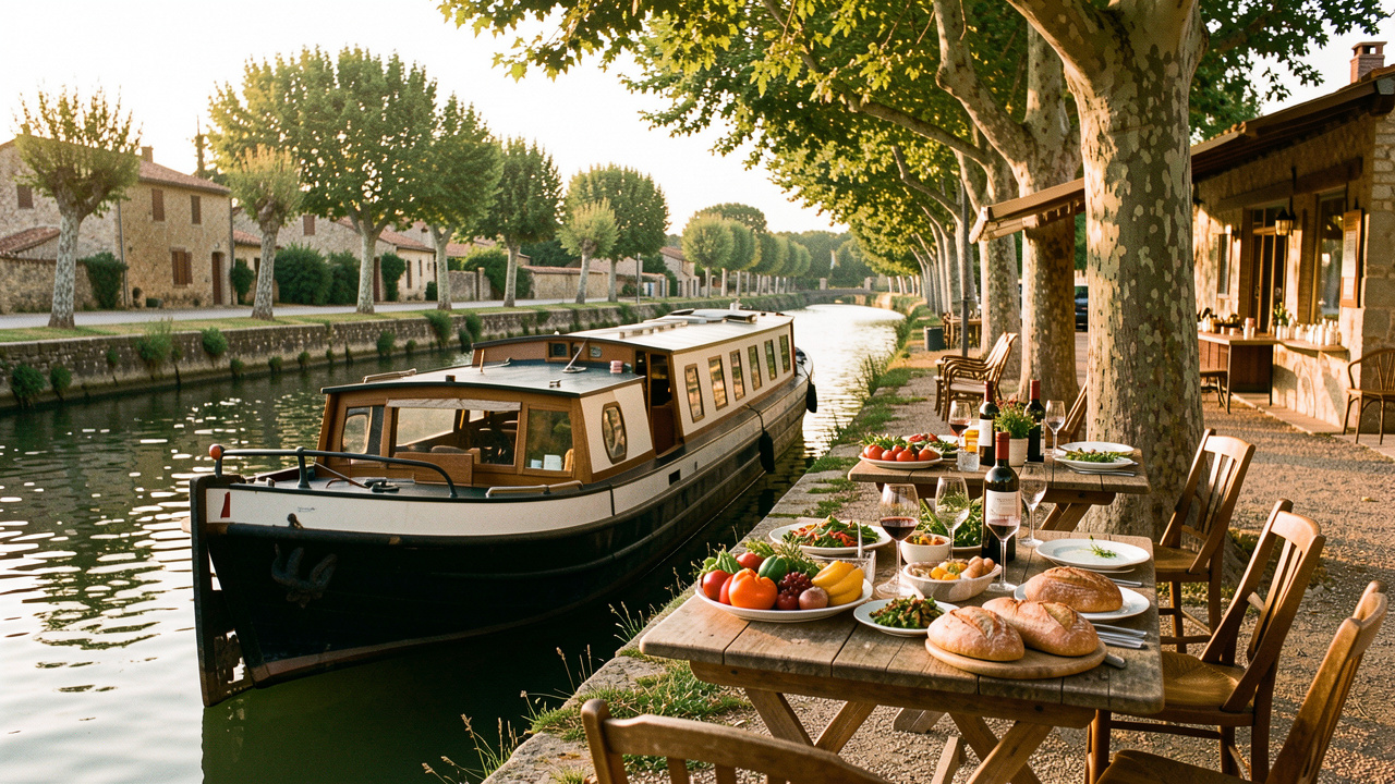 Bateau naviguant sur le Canal du Midi vers une halte gourmande ombragée, avec des tables dressées de spécialités régionales au bord de l’eau.