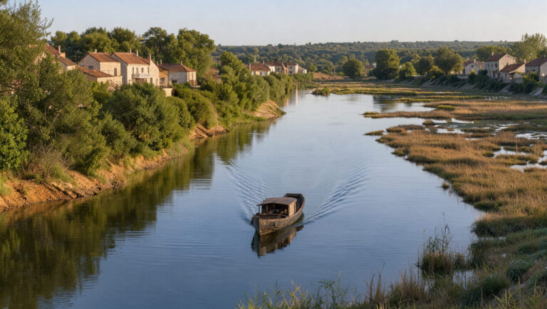 Un bateau navigue paisiblement sur l’Allier entre des villages bourbonnais, des berges boisées et une nature préservée.