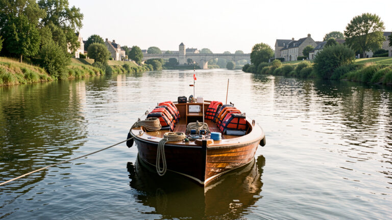 Petit bateau équipé de matériel de sécurité naviguant paisiblement sur la Loire, entre rives verdoyantes et villages historiques.