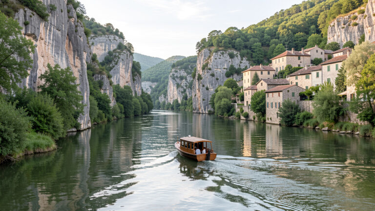 Petit bateau naviguant paisiblement sur le Tarn entre des gorges calcaires, une végétation luxuriante et des villages en pierre.