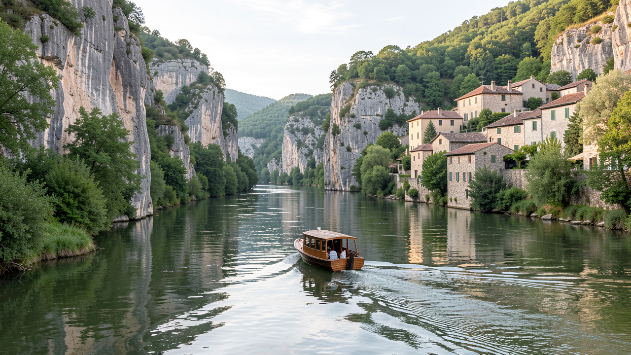 Petit bateau naviguant paisiblement sur le Tarn entre des gorges calcaires, une végétation luxuriante et des villages en pierre.
