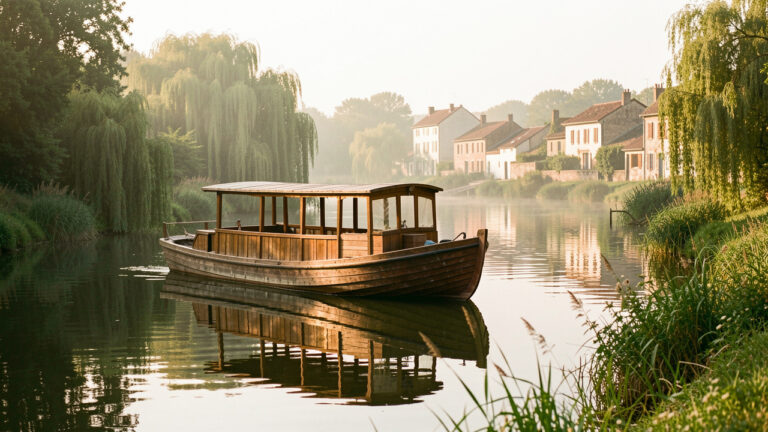 Une gabare traditionnelle en bois navigue paisiblement sur une rivière française bordée de verdure et de villages historiques.