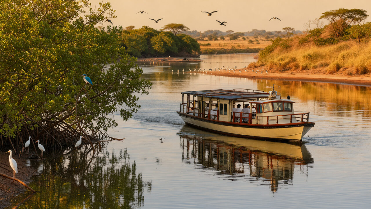 Bateau de croisière fluviale naviguant sur le fleuve Gambie, entre mangroves luxuriantes, savane dorée et oiseaux tropicaux.