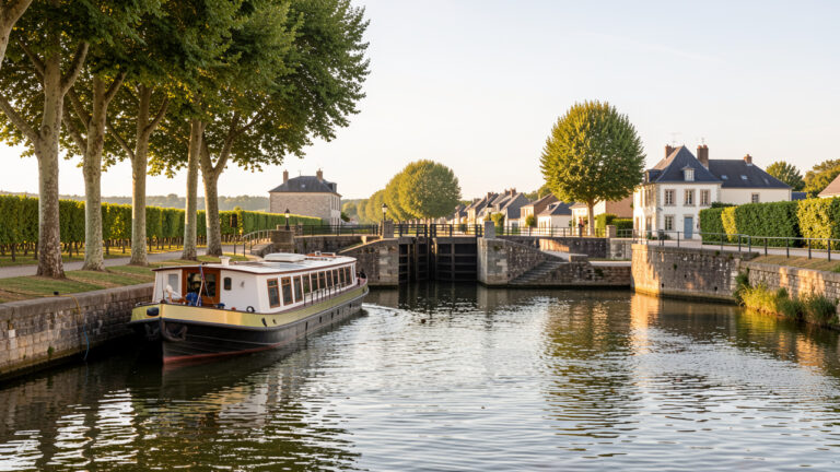 Bateau fluvial naviguant sur un canal pittoresque en France, près d’une écluse en pierre entourée d’arbres, de vignobles et de villages.