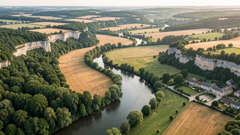 Vue aérienne d’une rivière sinueuse traversant des paysages verdoyants et dépaysants de la campagne française.