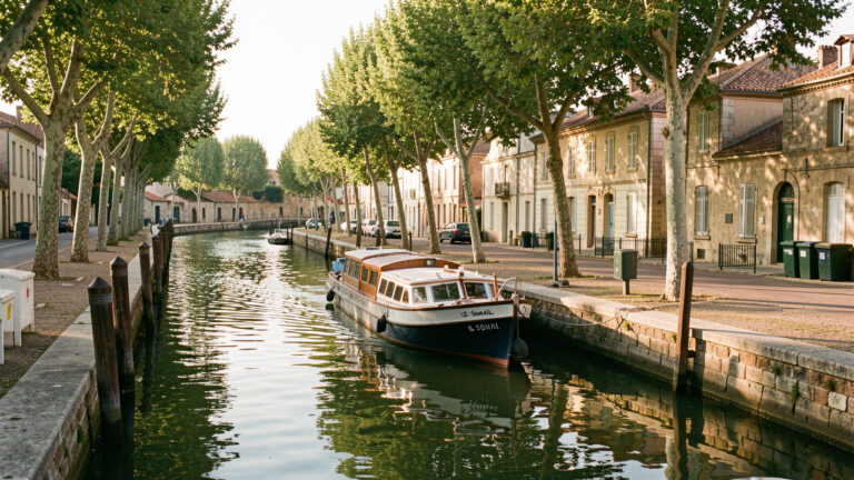 Bateau amarré dans le paisible village de Le Somail, au bord du canal du Midi, avec ses platanes, ses quais en pierre et ses équipements d’accueil.