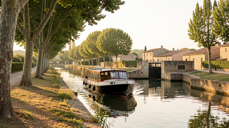 Petit bateau de plaisance naviguant sur le Canal du Midi près de Narbonne, sous les platanes, avec une écluse en pierre et la campagne méditerranéenne en arrière-plan.