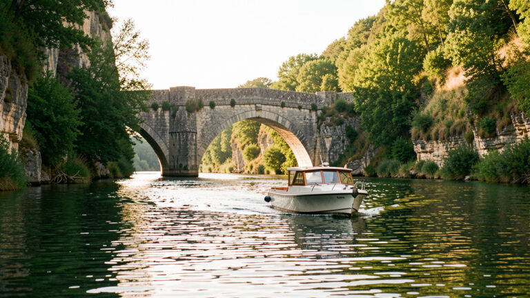 Petit bateau de location naviguant sur la Dordogne entre falaises verdoyantes et pont de pierre historique.