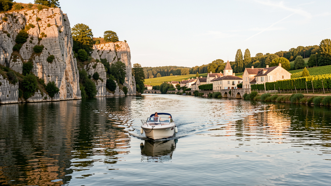 Petit bateau de location naviguant sur la rivière Lot, entre falaises calcaires, vignobles et village pittoresque sous une lumière chaude.