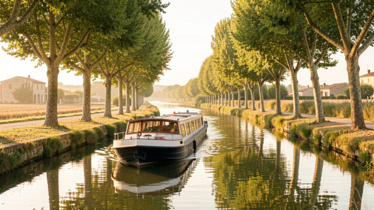 Petit bateau naviguant paisiblement sur le canal de la Robine près de Narbonne, dans une lumière dorée entourée de platanes et de paysages du sud de la France.