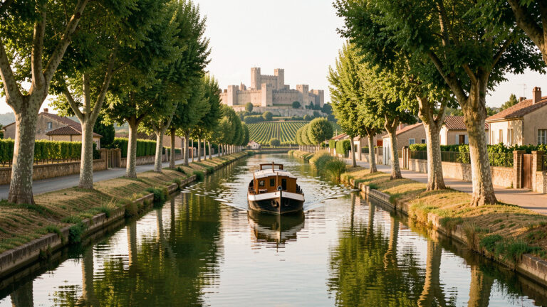 Péniche naviguant paisiblement sur le Canal du Midi, avec la cité médiévale de Carcassonne et des villages viticoles en arrière-plan.