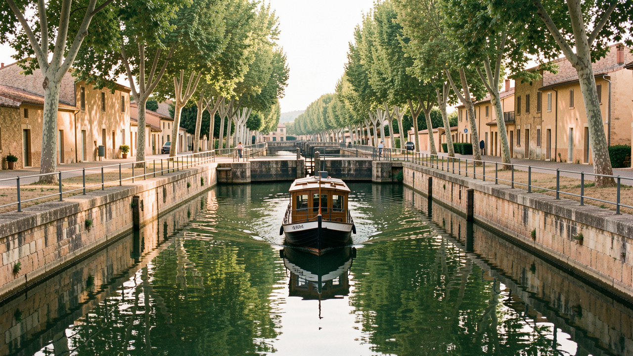 Une péniche franchit paisiblement une écluse en pierre sur le Canal du Midi, sous les platanes, dans une lumière matinale.