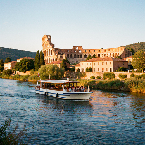 Vue d’Orange avec une escale fluviale sur le Rhône, un bateau au bord de l’eau et le patrimoine romain dans une lumière dorée.