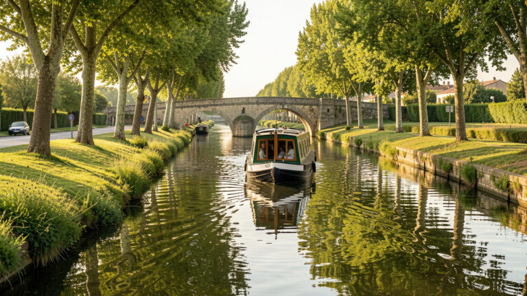 Une péniche navigue paisiblement sur le canal du Midi, bordé d’arbres et de vieux ponts en pierre.