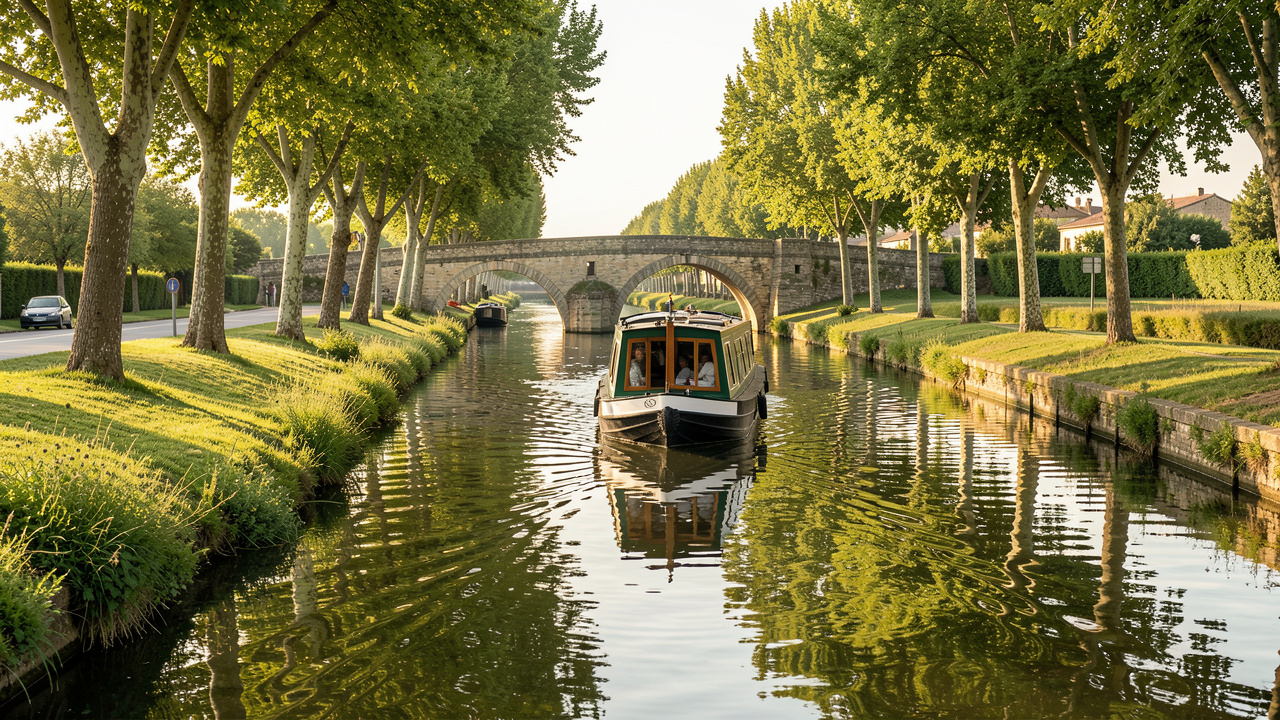 Une péniche navigue paisiblement sur le canal du Midi, bordé d’arbres et de vieux ponts en pierre.