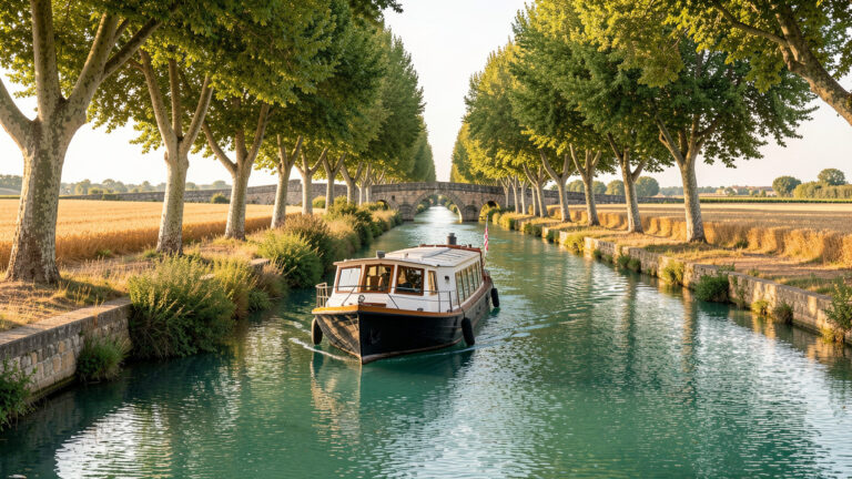 Bateau de location naviguant paisiblement sur le Canal du Midi, bordé d’arbres, de champs et de ponts en pierre.
