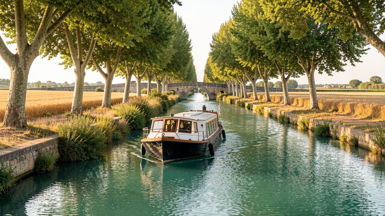 Bateau de location naviguant paisiblement sur le Canal du Midi, bordé d’arbres, de champs et de ponts en pierre.
