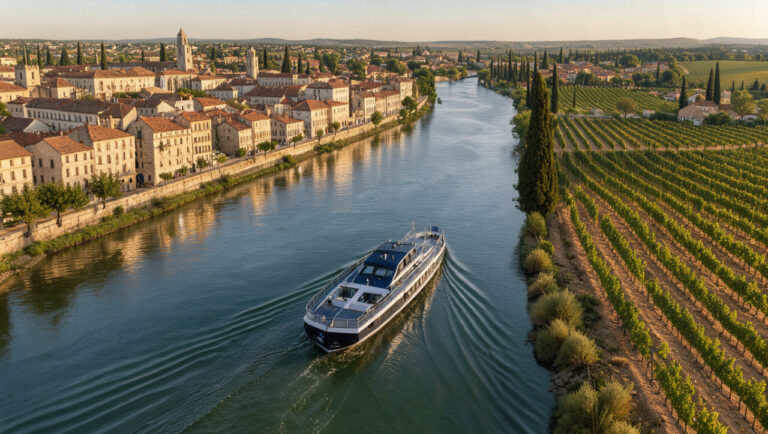 Bateau naviguant sur le Rhône entre les paysages de Lyon, les vignobles ensoleillés et les villages provençaux.
