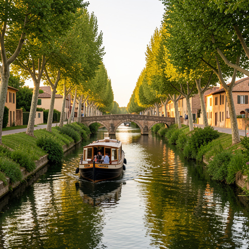 Bateau de plaisance naviguant sur le canal du Midi au coucher du soleil, entre les arbres et les ponts en pierre.