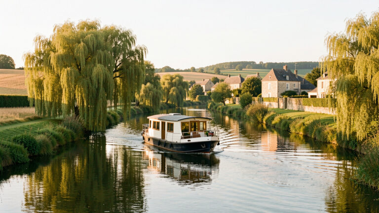 Un bateau habitable navigue paisiblement sur une rivière française bordée de verdure, de villages en pierre et de paysages champêtres.