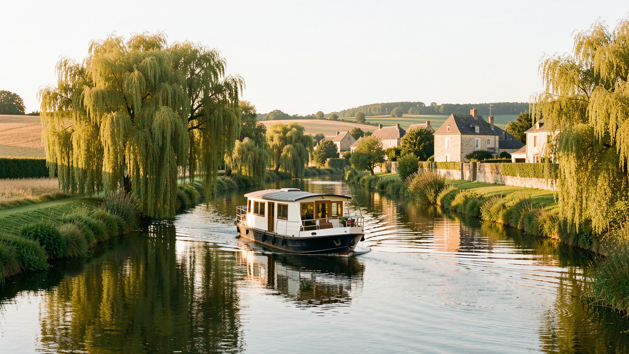 Un bateau habitable navigue paisiblement sur une rivière française bordée de verdure, de villages en pierre et de paysages champêtres.