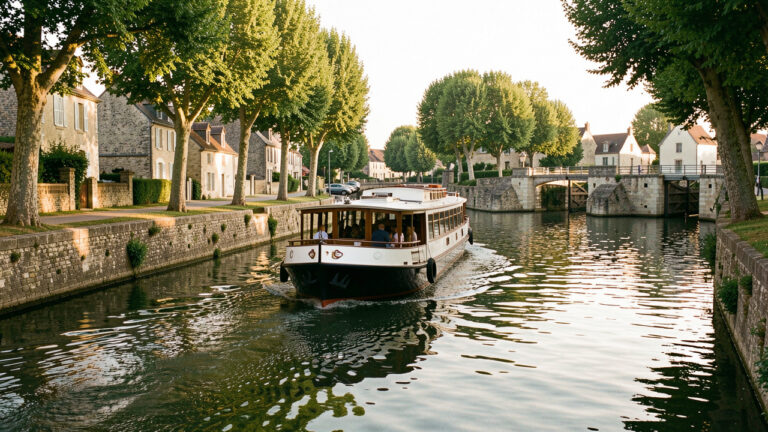 Bateau fluvial vintage naviguant sur un paisible canal français bordé d’arbres, de maisons en pierre et d’écluses historiques sous une lumière dorée.