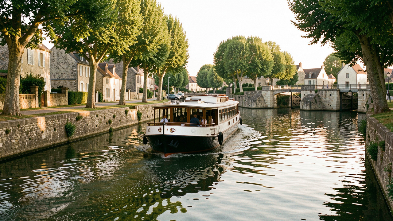 Bateau fluvial vintage naviguant sur un paisible canal français bordé d’arbres, de maisons en pierre et d’écluses historiques sous une lumière dorée.
