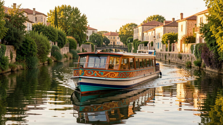 Un bateau élégant navigue sur un canal français bordé de verdure et de villages en pierre, avec une décoration inspirée de l’Uruguay aux couleurs terracotta, turquoise, ocre et bleu profond.